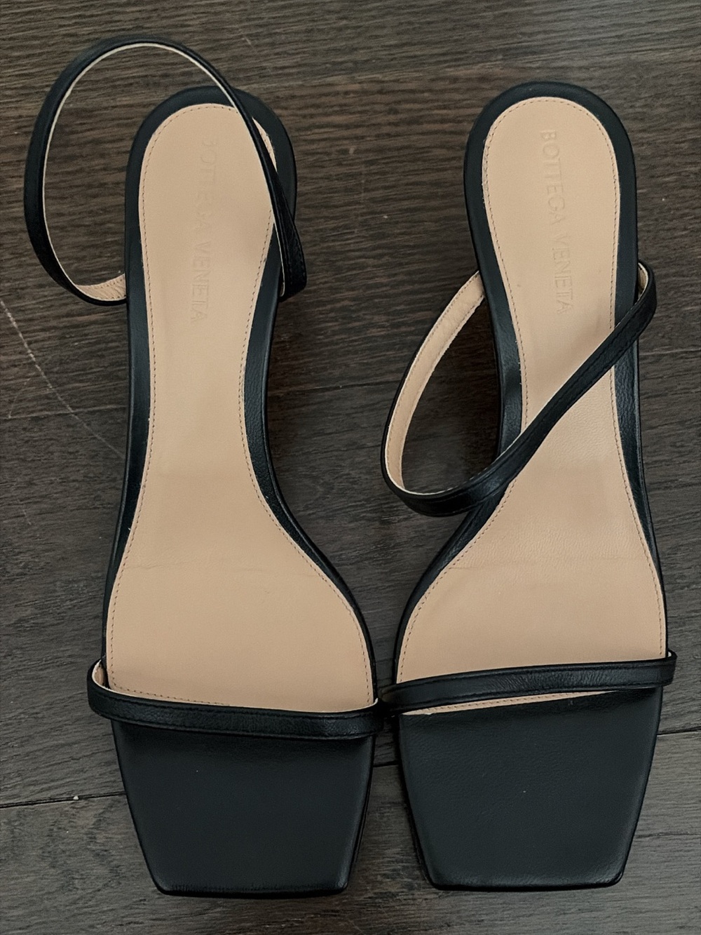 Bottega Veneta Black Leather Square-Toe Slingback Heels with Gold Knot Heel - Picture 2 of 6
